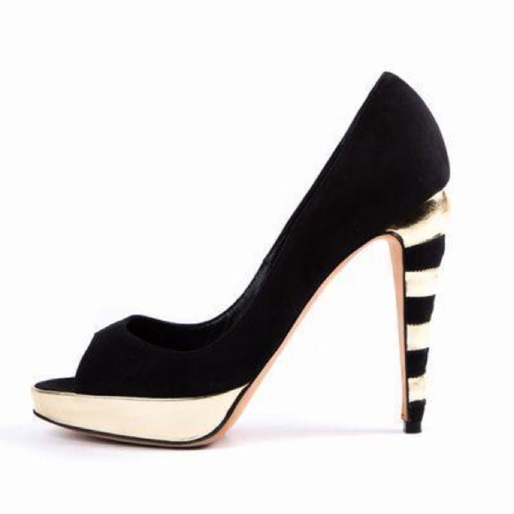 Brian Atwood Gold and Black Striped heels